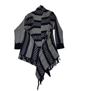 Mia Maddison Plus Navy Blue White Geometric Fringe Sharkbite Cardigan Sweater 3X